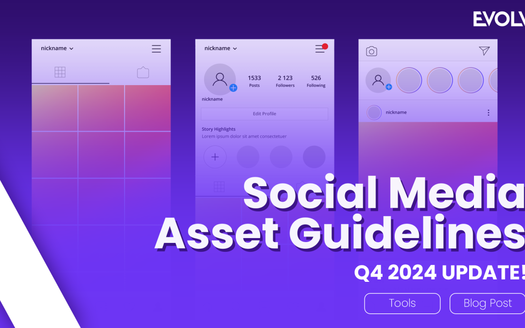 Blank Instagram account/feed on a purple background with thick, white line on the far bottom-left corner. The white font reads "Social Media Asset Guidelines. Q4 2024 Update!"